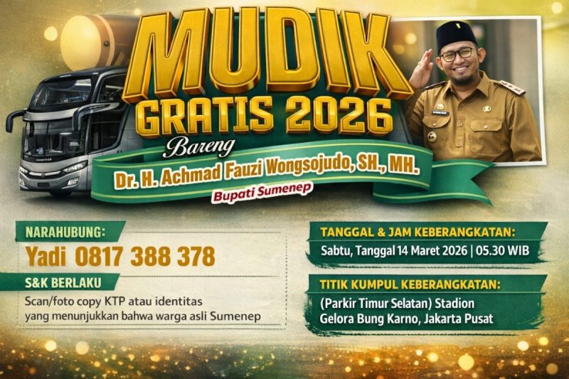 Foto/Dok : Gambar  pengumuman Program Mudik Gratis 2026 yang digelar bersama Dr. H. Achmad Fauzi Wongsojudo, SH., MH. (Bupati Sumenep). @sumber_WA Grup JSI