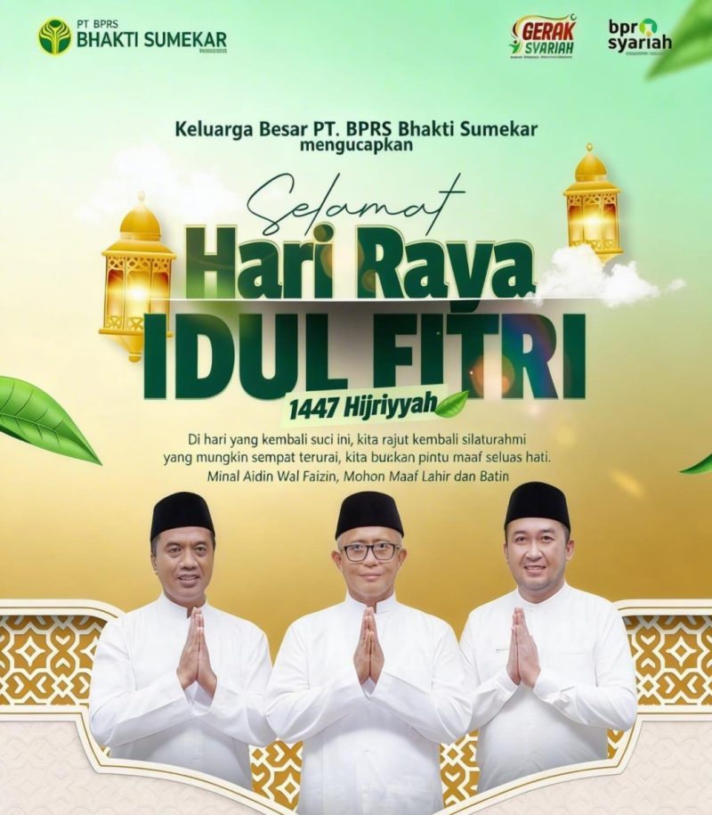 Foto: Direktur Utama BPRS Bhakti Sumekar, Hairil Fajar, bersama keluarga besar BPRS Bhakti Sumekar dalam flayer ucapan Hari Raya Idulfitri 1447 H. Dokumentasi RADAR9.ID/Istimewa.