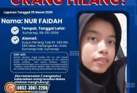 Pamflet Resmi: Polres Sumenep Rilis Pencarian Orang Hilang atas Nama Nur Faidah.
