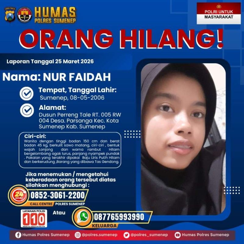 Pamflet Resmi: Polres Sumenep Rilis Pencarian Orang Hilang atas Nama Nur Faidah.